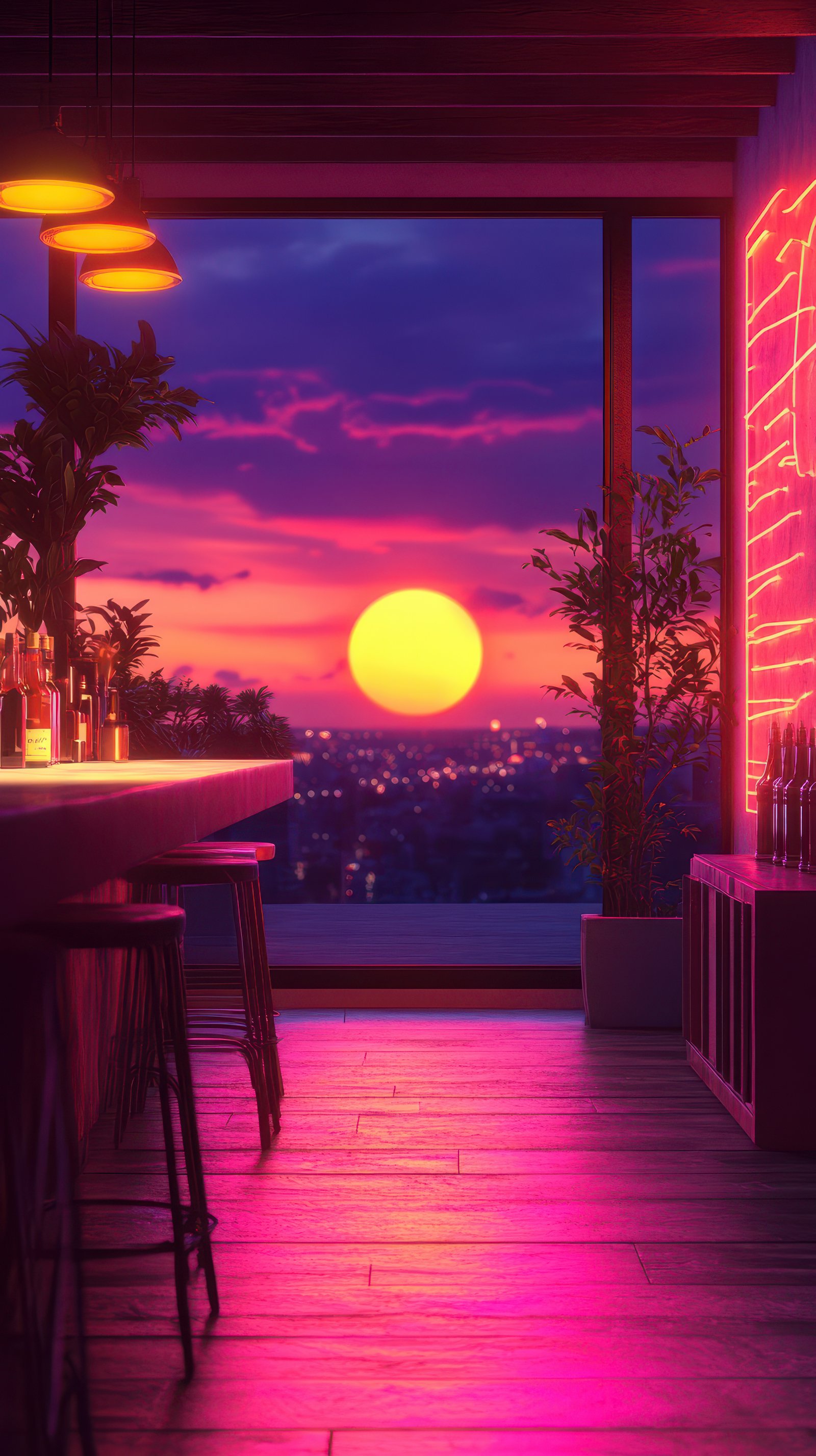 Vibrant sunset view from a stylish bar with neon lights and plant decor during evening hours